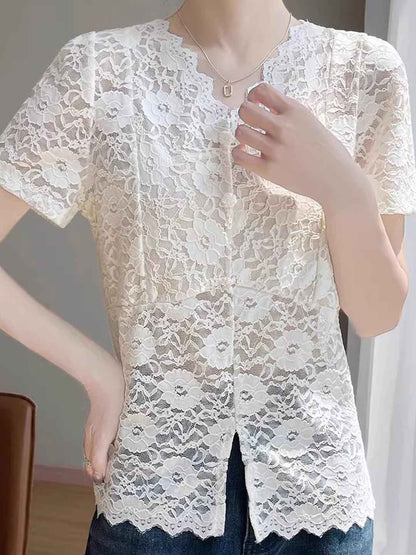 Valeria Classic V-Neck Solid Color Hollowed Lace Top
