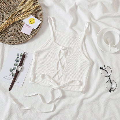 Solid Knitted Backless Tie Camis Crop Tops