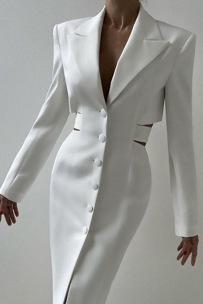 Statement Deep V Metal-Detail Blazer Midi Dress