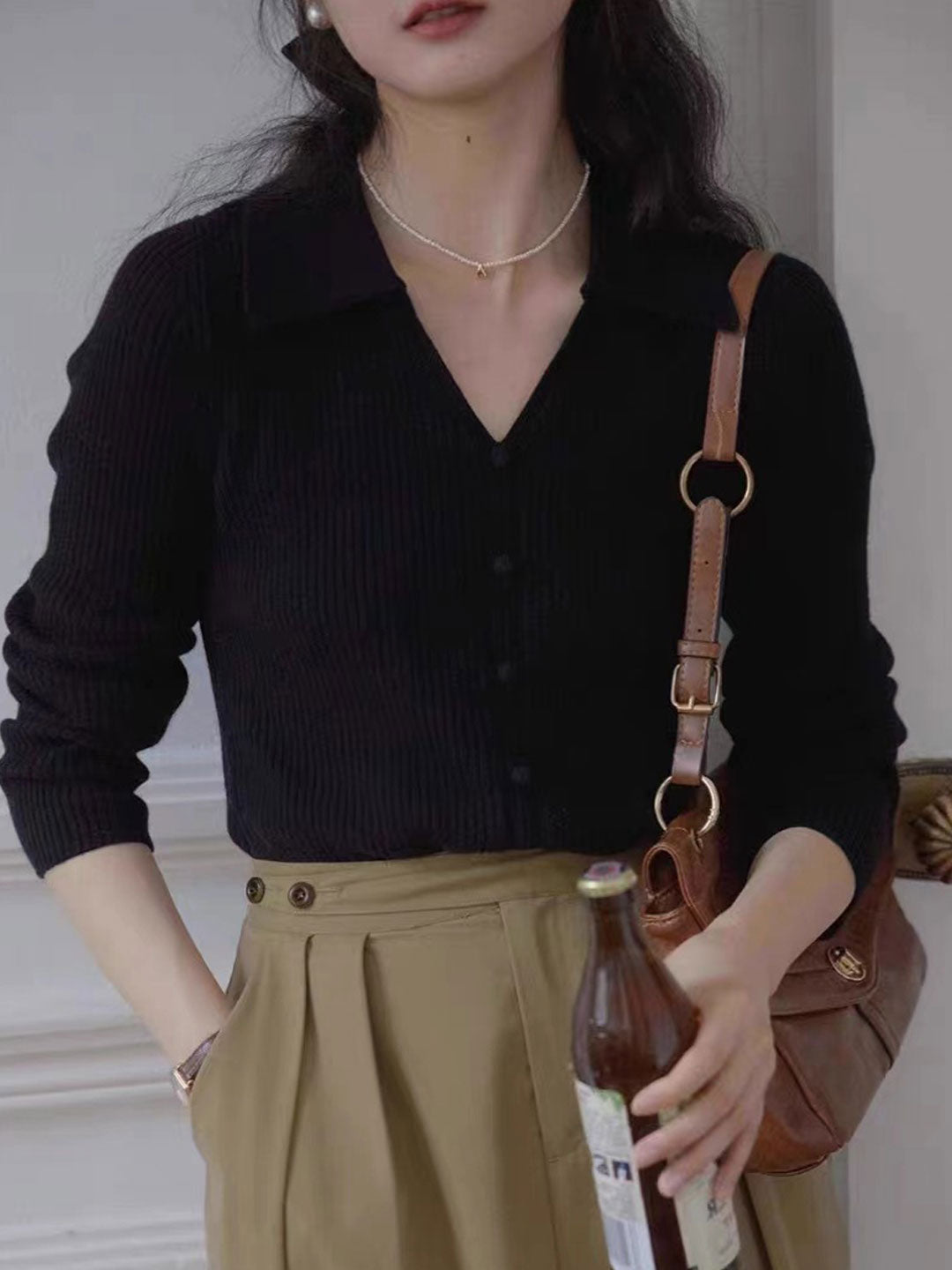 Zoey Retro V-Neck Solid Color Knitted Top