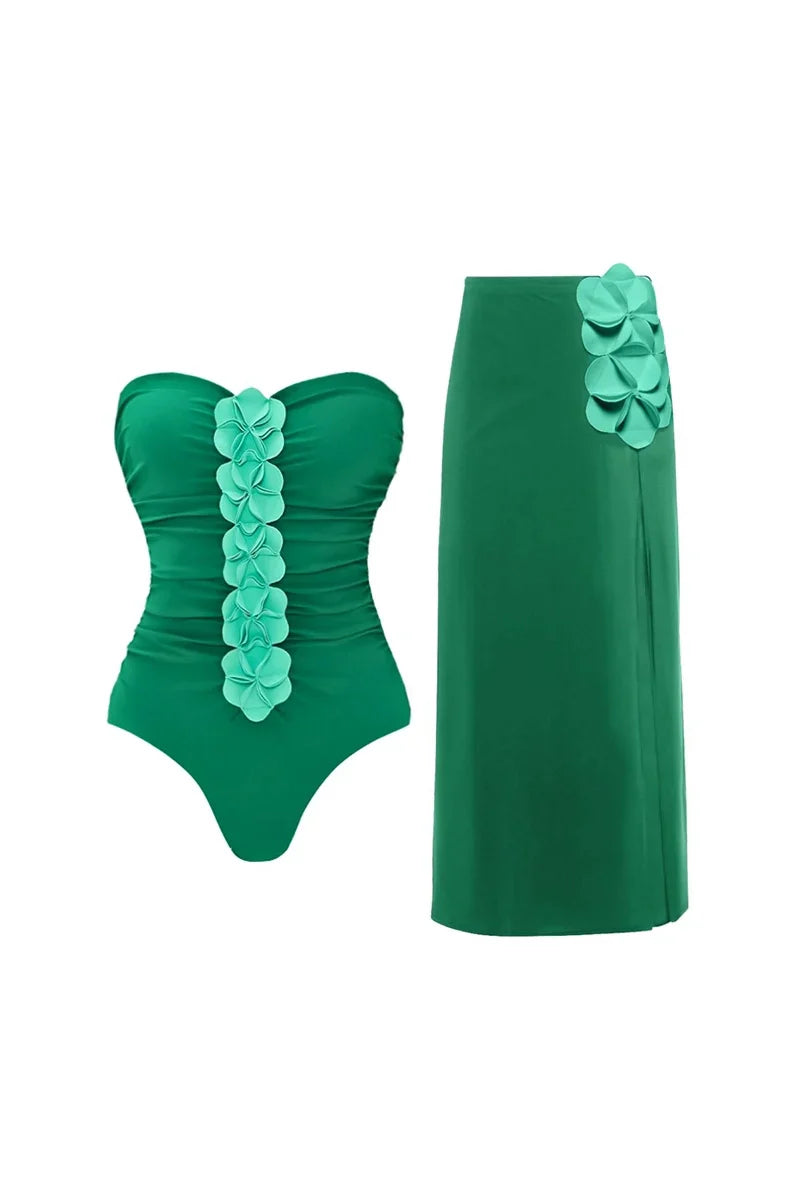 Traje de baño sin tirantes con estampado floral 3D verde