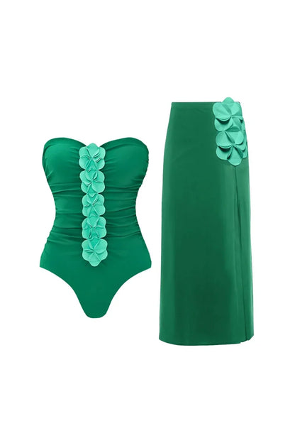 Traje de baño sin tirantes con estampado floral 3D verde