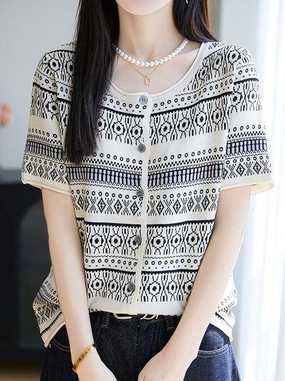 Kylie Retro Crew Neck Jacquard Knitted Top