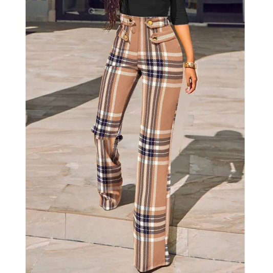 Women's Chic Plaid High Waisted Flared Pants with Button and Buckle Design | Great for All Seasons