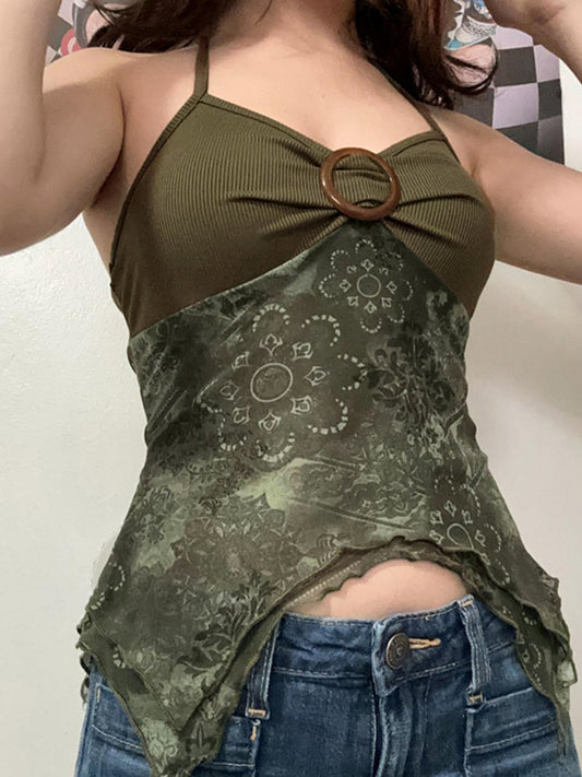Metal Buckle Pleated Halter Neck And Backless Tank Top