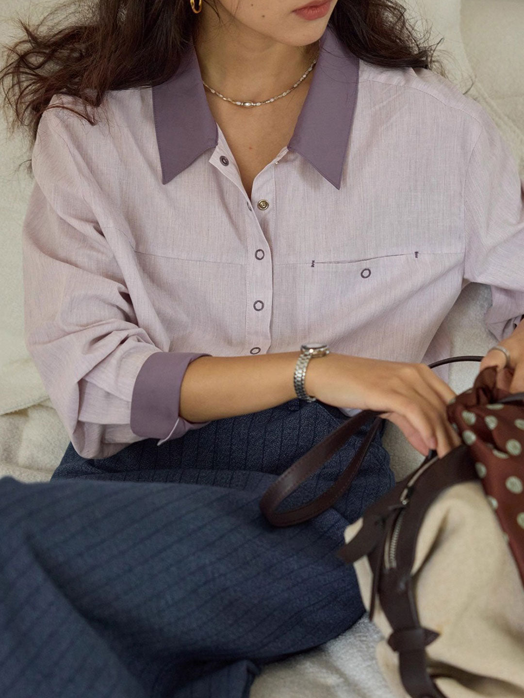 Layla Retro Lapel Contrasted Color Shirt