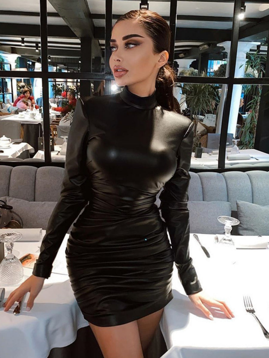 PU Leather Wrinkles Long Sleeve Hip-hugging Mini&Short Dresses