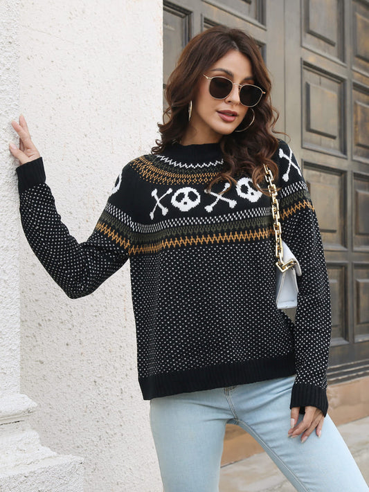Suéter de punto con cuello redondo y estampado de calavera retro 