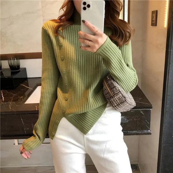 Elegante jersey de punto de cuello alto para mujer con botón y abertura | Ideal para otoño/invierno