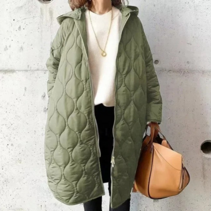 Elegante abrigo largo acolchado con capucha para mujer | Ideal para el invierno