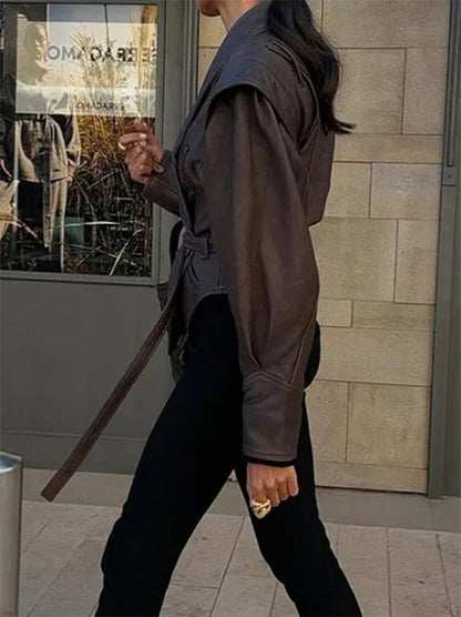 Lapel Lace Up Leather Long Sleeve Jacket
