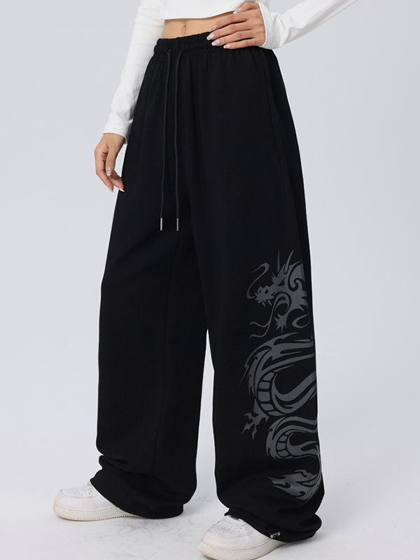Vintage Dragon Print Loose Sweatpants