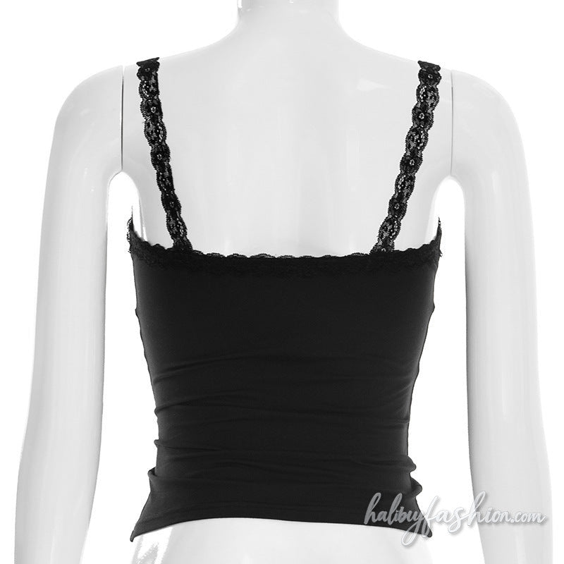 Lace hem v neck backless solid cami top