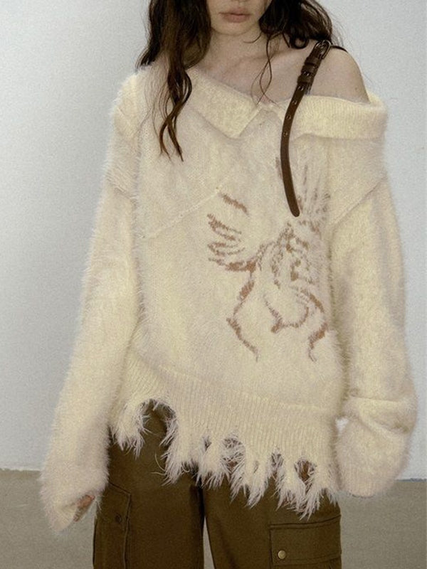 Plush Slanted Shoulder Belted Strap Tattered Hem Sweater
