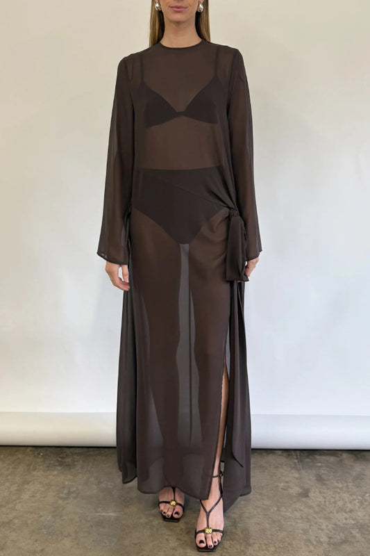 Fashionable Mesh See-through Round Neck Long Sleeve Tie Bow Slit Maxi Dress