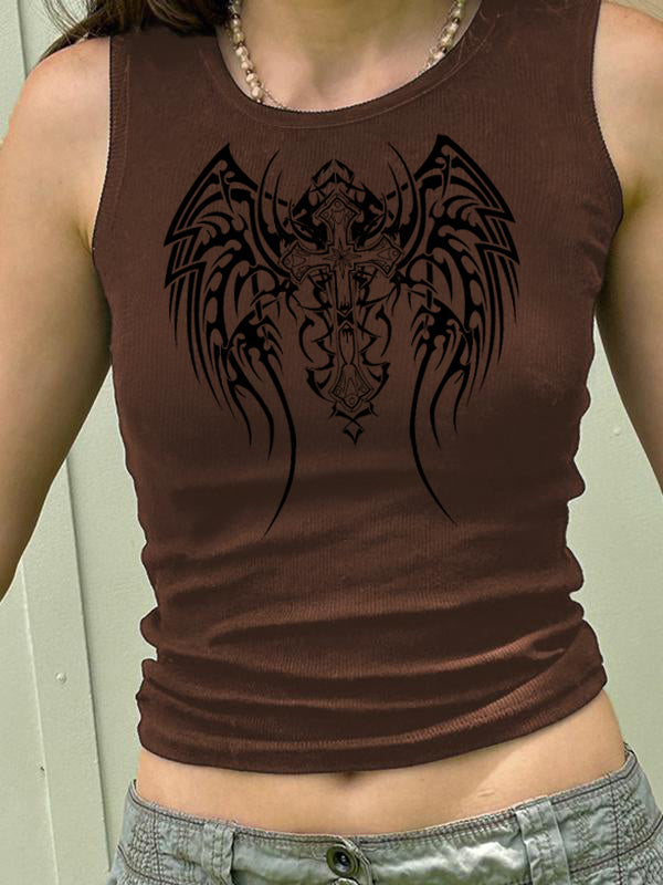 Dark Style Cross Wings Print Ribbed Cropped Tank Top