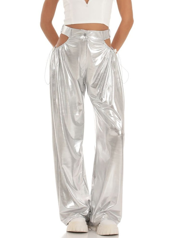 Metallic Cutout Drawstring Wide Leg Pants