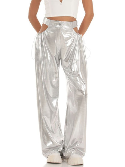 Metallic Cutout Drawstring Wide Leg Pants