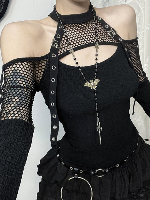 Off Shoulder Fishnet Long Sleeves Tee