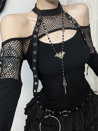 Off Shoulder Fishnet Long Sleeves Tee