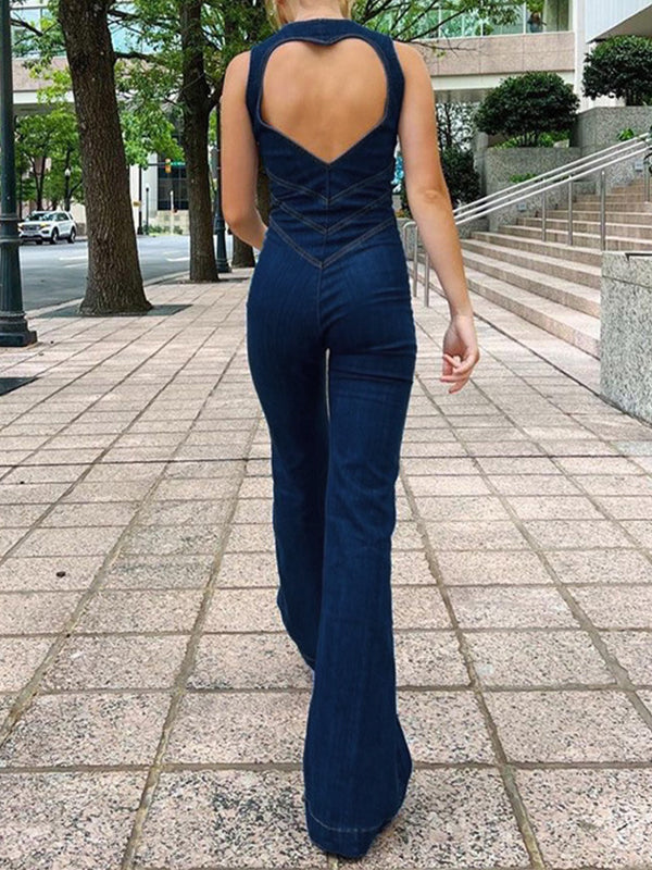 Backless Zip Up High Rise Denim Jumpsuits