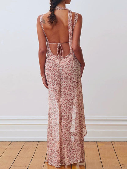 Disty Floral Backless Slit Lace Up Maxi Dress