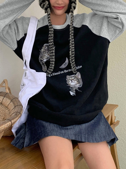 Cat Print Raglan Fleece Oversized Hoodie