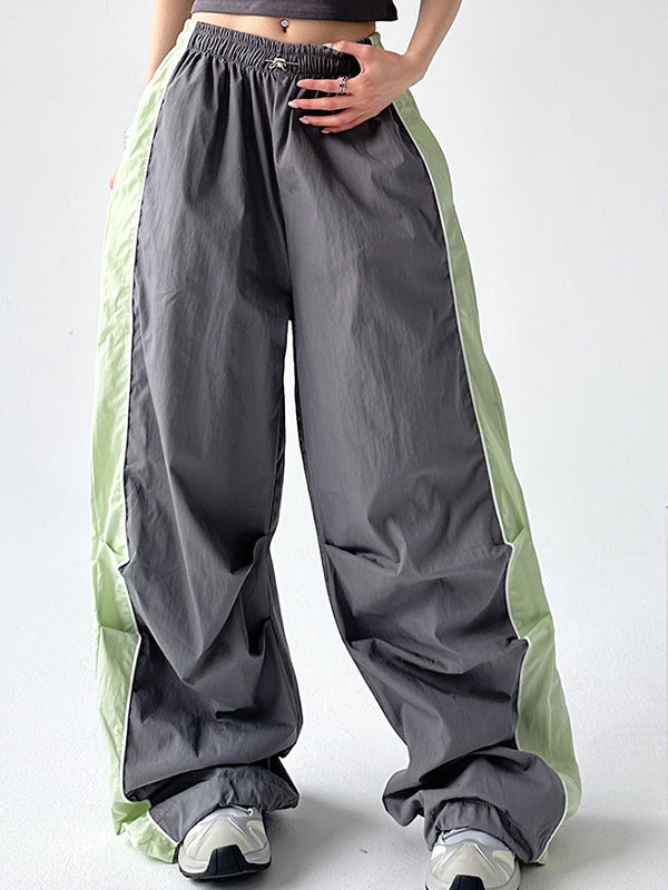 Contrast Color Panel Pleated Wide Leg Pants