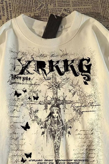 Retro Streetwear Cross Print Cotton Loose T-shirt