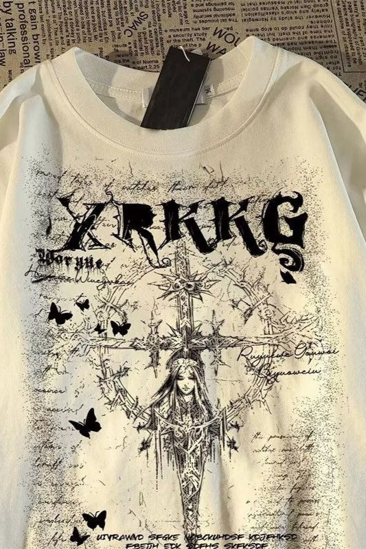 Retro Streetwear Cross Print Cotton Loose T-shirt