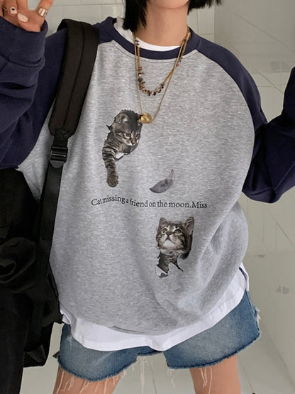 Cat Print Raglan Fleece Oversized Hoodie