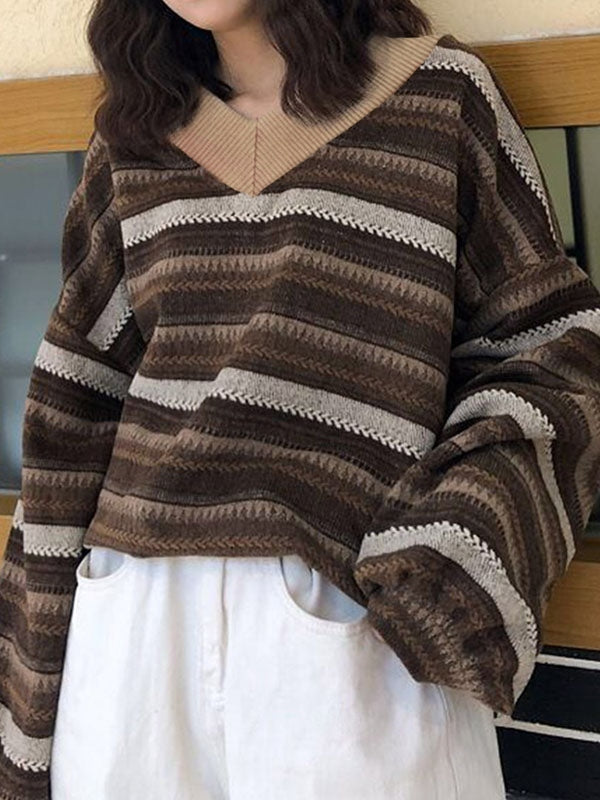 V Neck Striped Knit Sweater