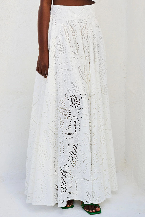 Paris Dreaming Embroidered Lace High Rise Elastic Waist Pocketed Maxi Skirt 