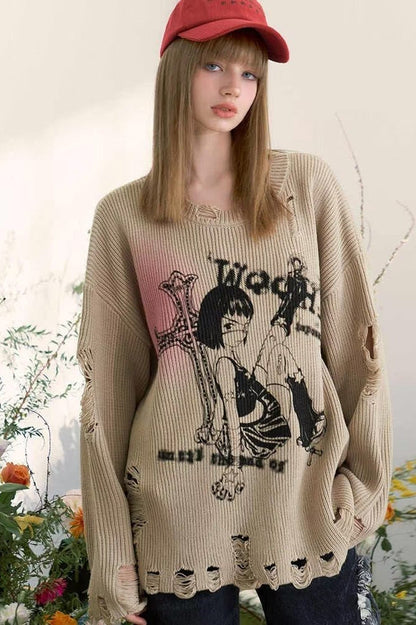 Vintage Distressed Loose-Fit Knit Sweater