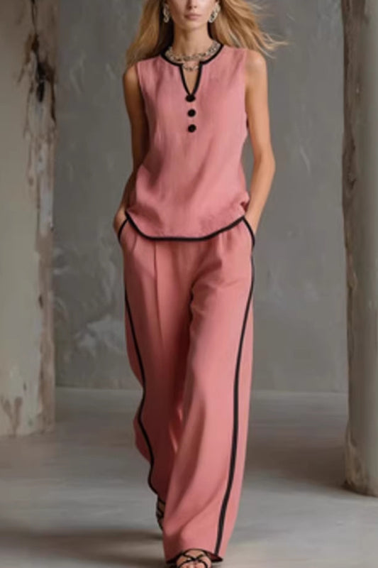 Stylish Color-blocked Sleeveless V-neck Top and Elastic Waist Pockets Casual Wide-leg Pants Set