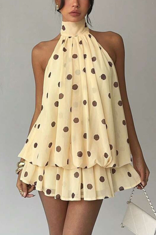 Fashionable Chiffon Halter Neck Backless Lace-up Casual Vacation Mini Dress