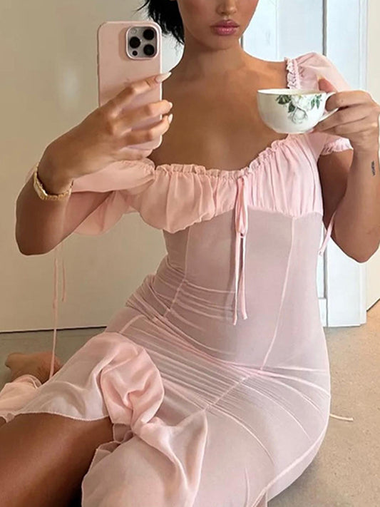 French Chiffon Splice Lace Up Backless? Midi Dress