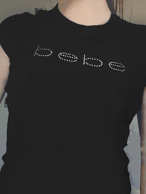 Letter Rhinestone Print Pullover Slim Short Sleeve Tee