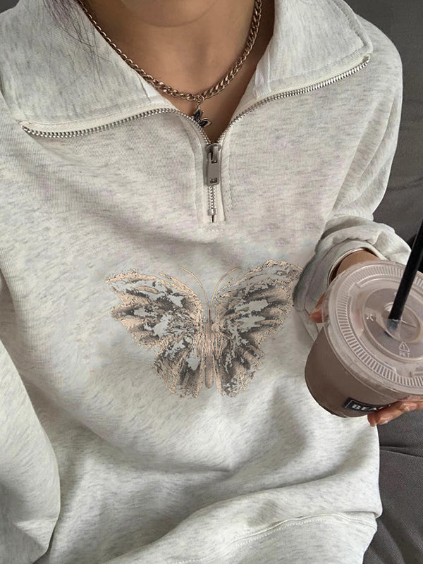 Butterfly Print Lapel Neck Half Zip Sweatshirt