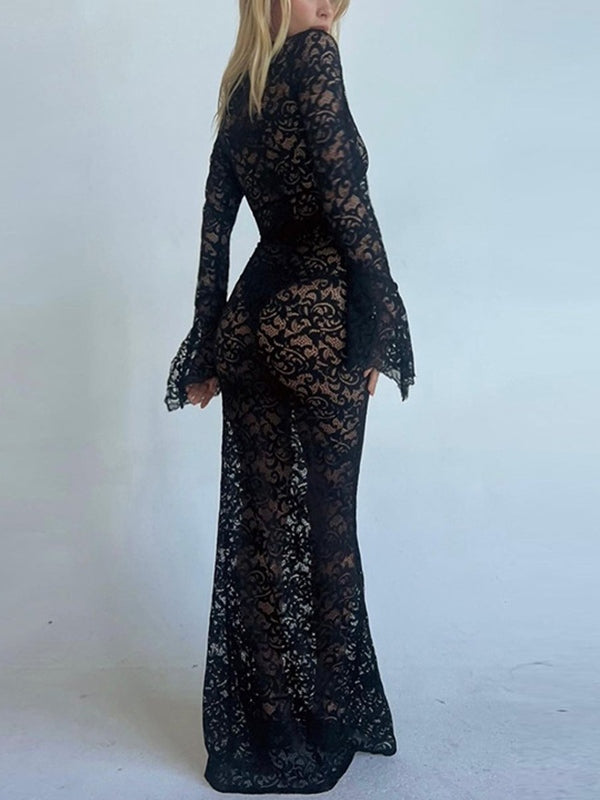 Deep V Lace Pattern See-Through Slim Fit Maxi Dress