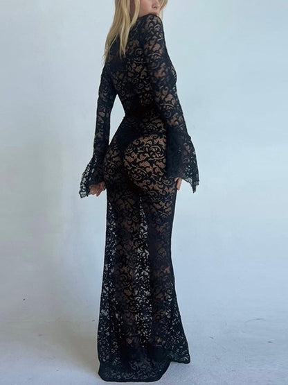 Deep V Lace Pattern See-Through Slim Fit Maxi Dress