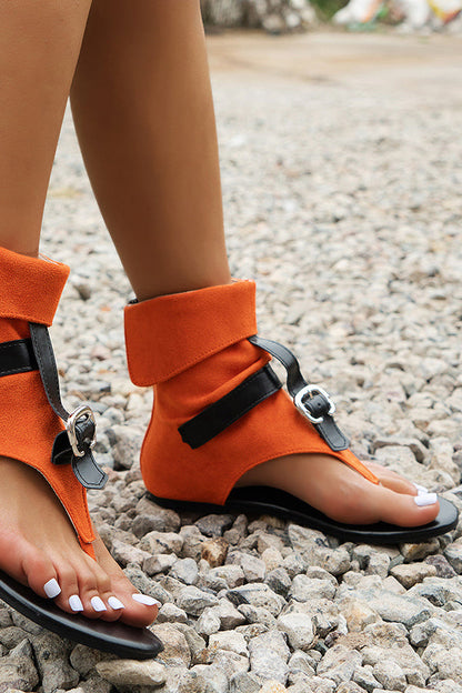 High-top Flat Denim Thong Sandals with Buckle Straps.