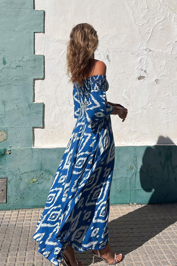 Street vacation style ethnic print off shoulder pocket long skirt