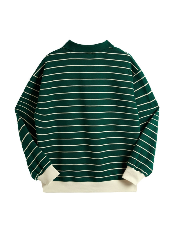 Stripe Print Bear Embroidery Shirt Neck Oversized Hoodie