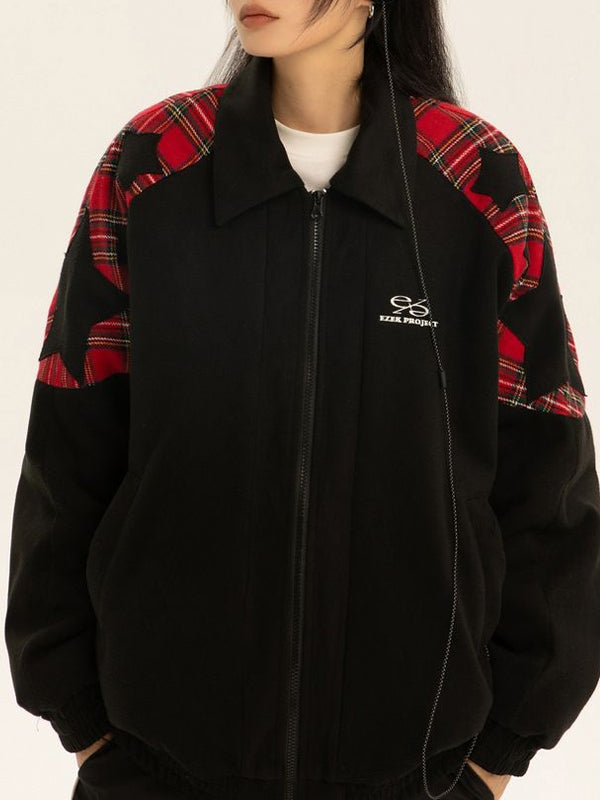 Vintage Plaid Star Splice Lapel Neck Jacket