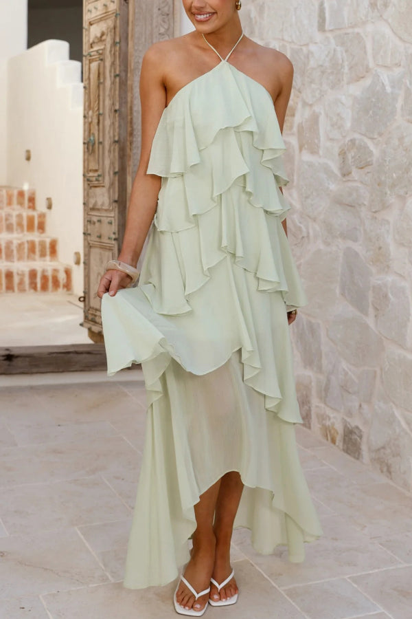 Solid Color Chiffon Halter Neck Elegant Ruffle Maxi Dress