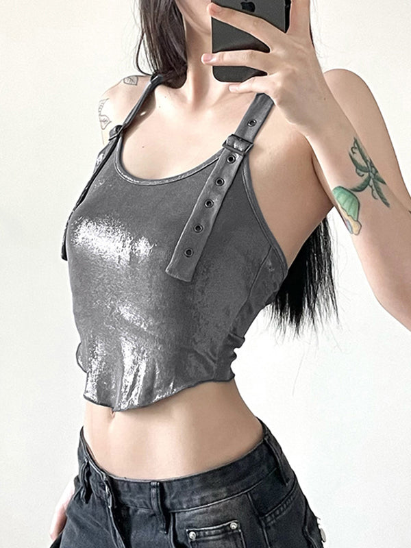 Metallic Eyelet Buckle Hooded Halter Vest
