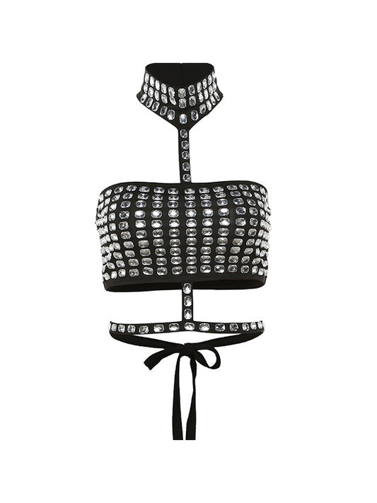 Rhinestone Decor Tie Up Backless Halter Vest