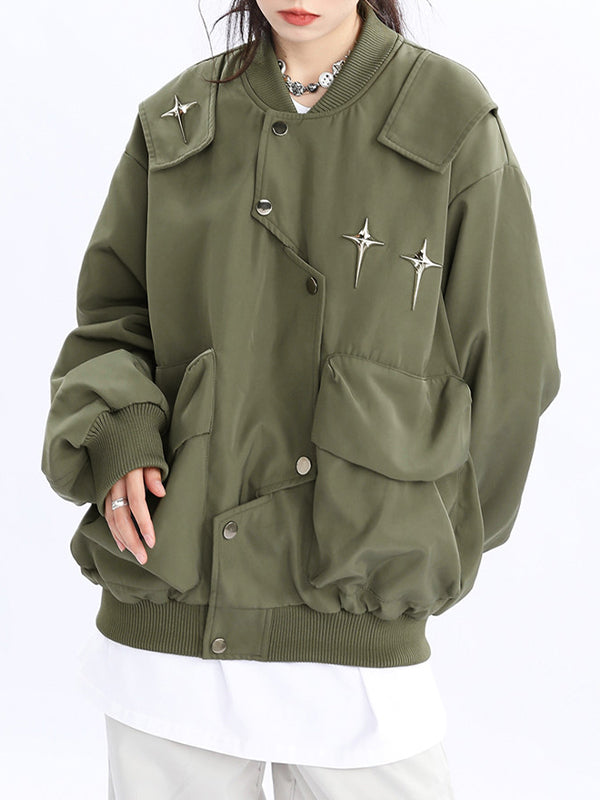 Vintage Irregular Placket Metal Star Decor Varsity Jacket