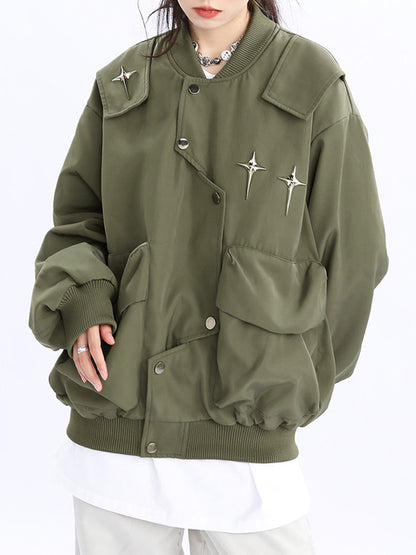 Vintage Irregular Placket Metal Star Decor Varsity Jacket
